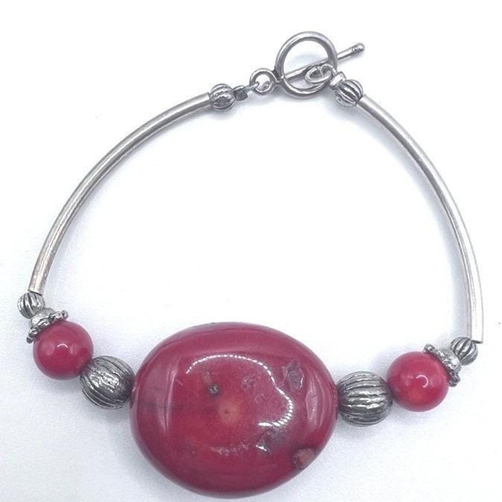 Sterling Silver 925 Coral Bracelet Natural Polished Size 6 Toggle Clasp‎ Boho